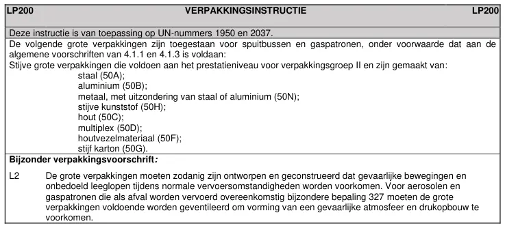 Verpakkingsinstructie LP200 uit ADR 2025, deel 1 van 1