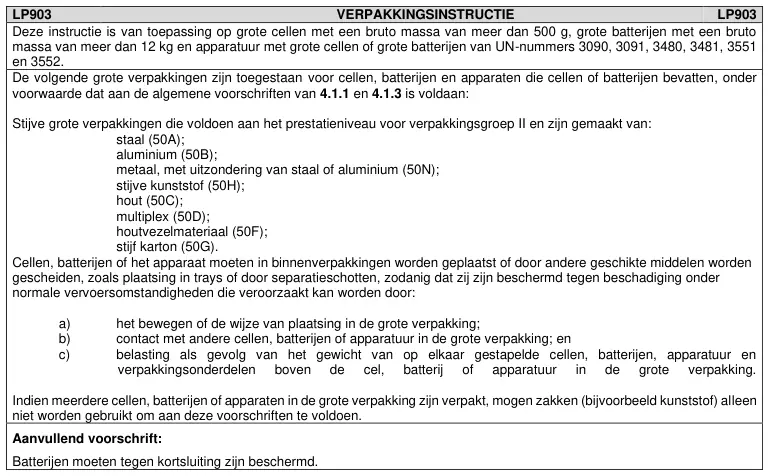 Verpakkingsinstructie LP903 uit ADR 2025, deel 1 van 1