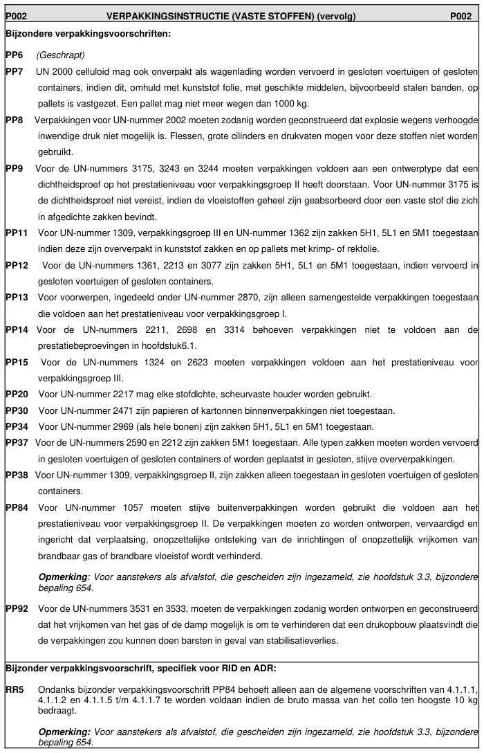 Verpakkingsinstructie P002 uit ADR 2025, deel 5 van 6