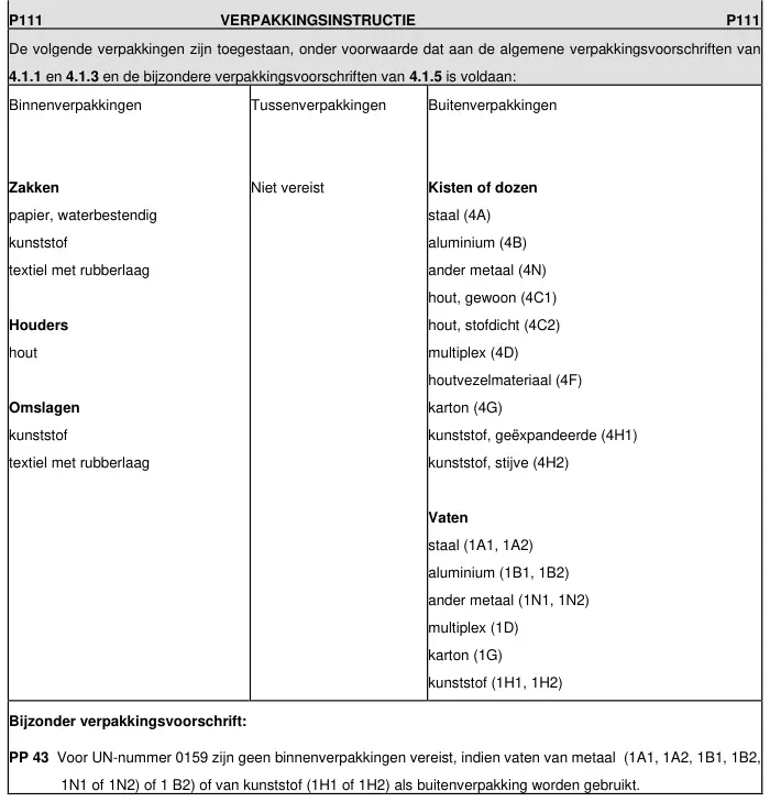 Verpakkingsinstructie P111 uit ADR 2025, deel 1 van 2