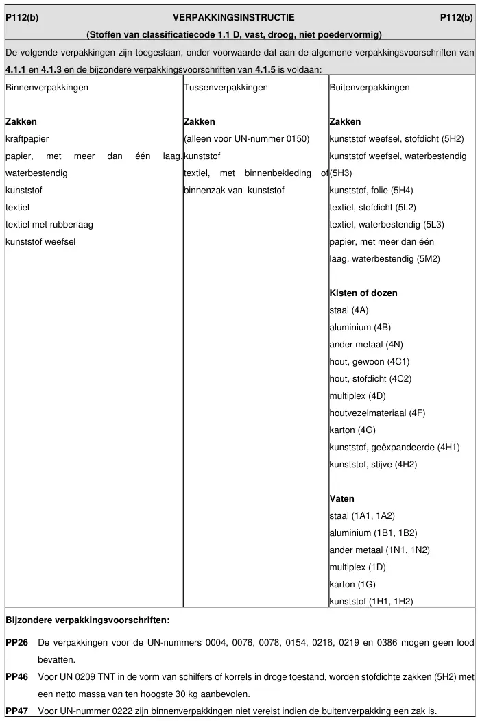 Verpakkingsinstructie P112 uit ADR 2025, deel 2 van 4