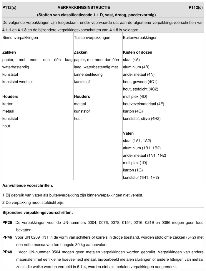 Verpakkingsinstructie P112 uit ADR 2025, deel 3 van 4