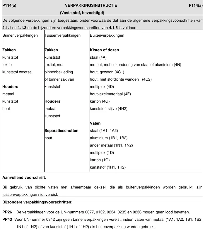 Verpakkingsinstructie P114 uit ADR 2025, deel 1 van 3