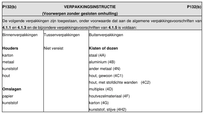 Verpakkingsinstructie P132 uit ADR 2025, deel 2 van 3