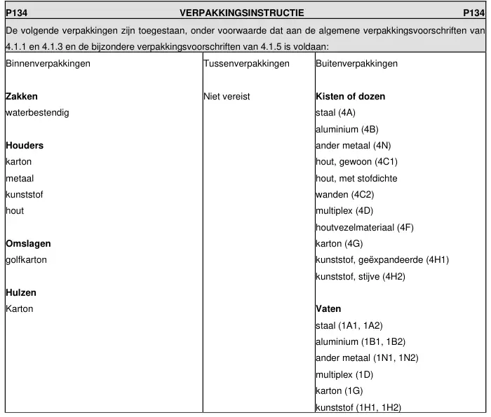 Verpakkingsinstructie P134 uit ADR 2025, deel 1 van 2