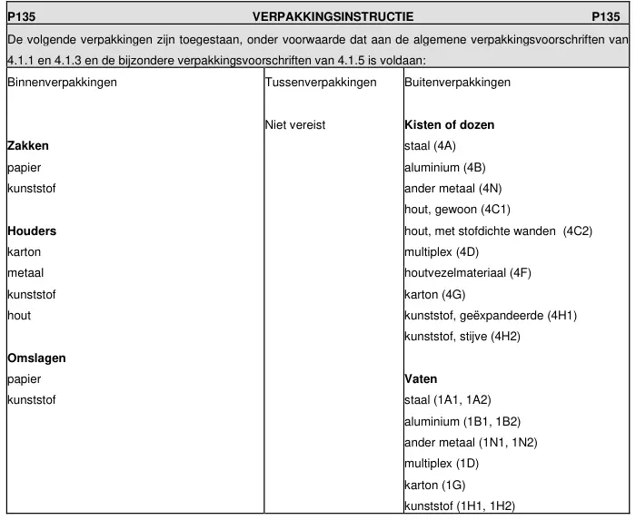 Verpakkingsinstructie P135 uit ADR 2025, deel 1 van 2