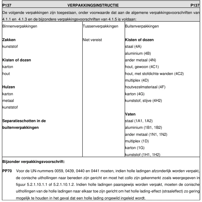 Verpakkingsinstructie P137 uit ADR 2025, deel 1 van 2