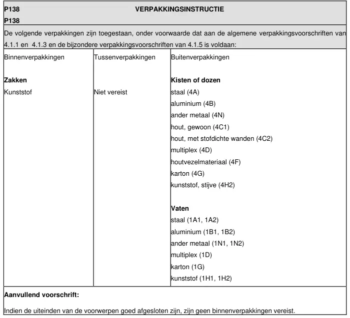 Verpakkingsinstructie P138 uit ADR 2025, deel 1 van 2