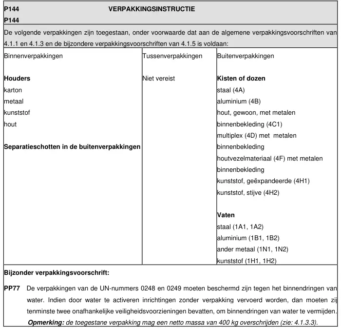 Verpakkingsinstructie P144 uit ADR 2025, deel 1 van 2