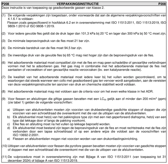 Verpakkingsinstructie P208 uit ADR 2025, deel 1 van 3