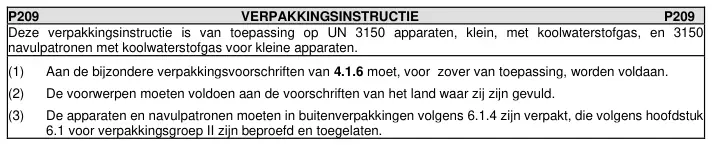 Verpakkingsinstructie P209 uit ADR 2025, deel 1 van 1