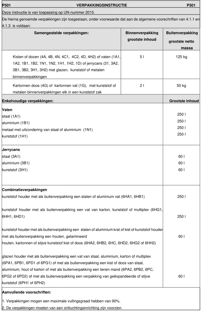 Verpakkingsinstructie P501 uit ADR 2025, deel 1 van 2