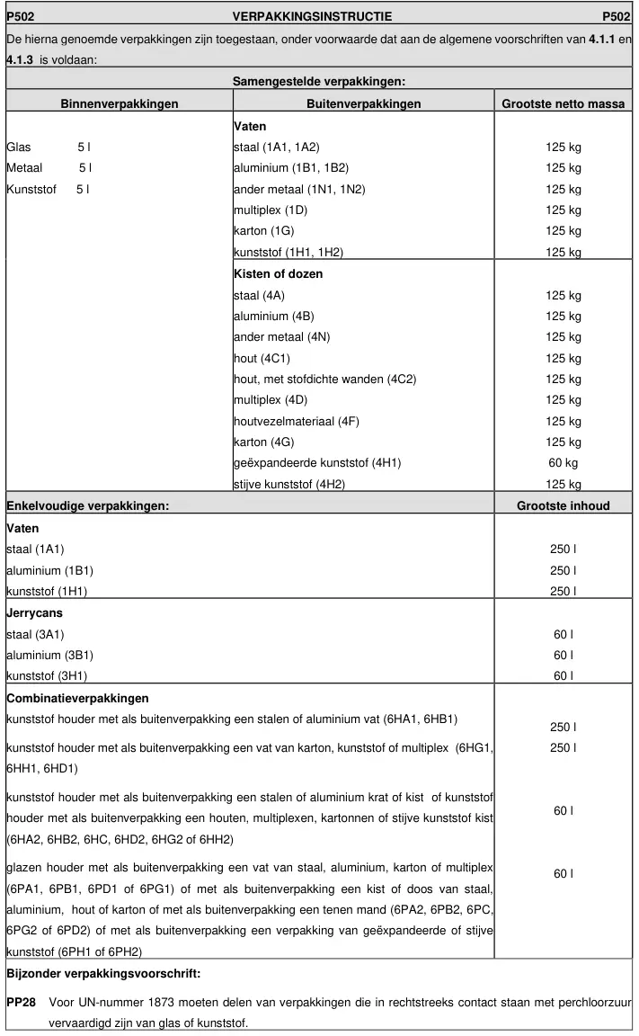 Verpakkingsinstructie P502 uit ADR 2025, deel 1 van 2